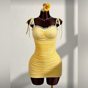 Yellow Ruched Mini Dress with Tie Straps